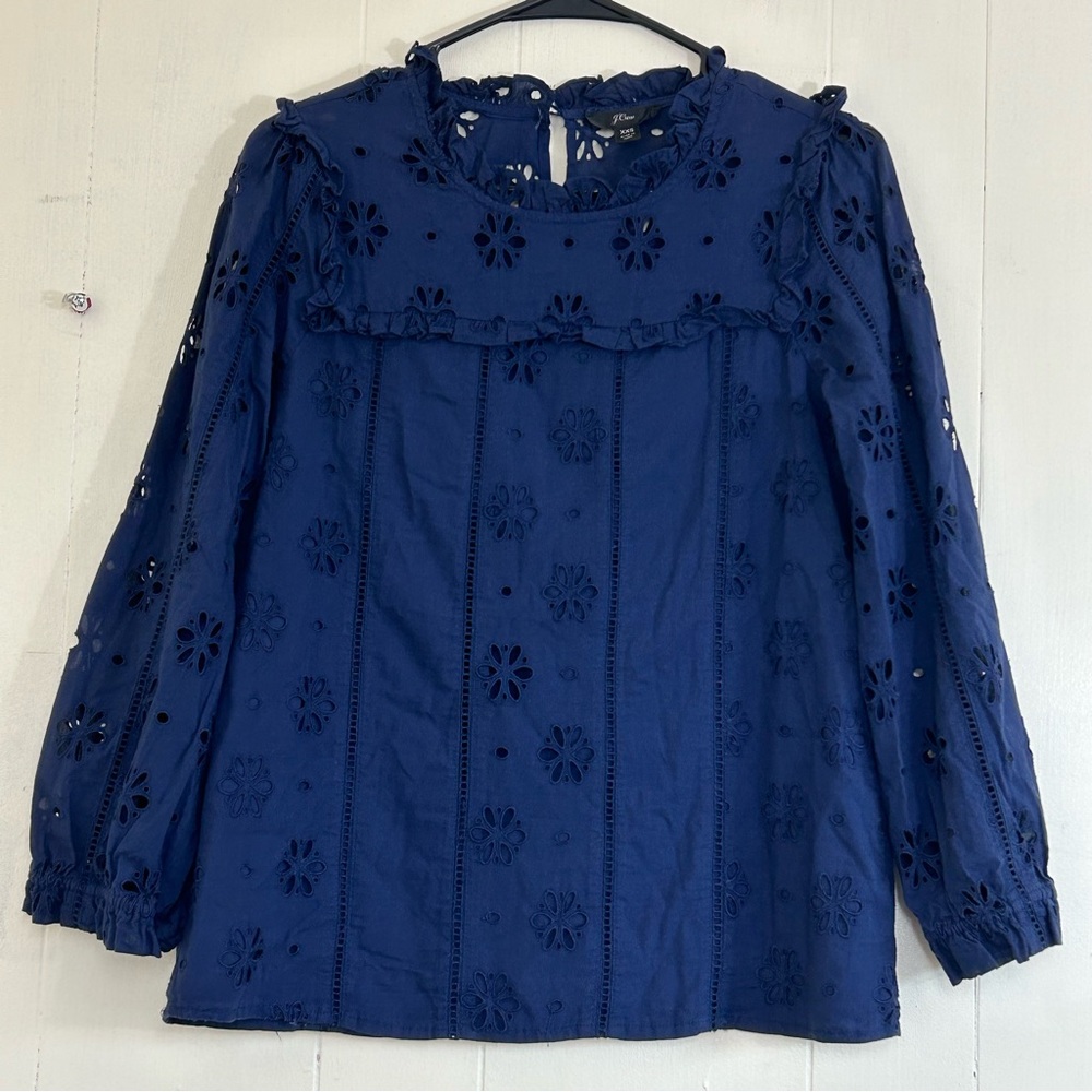 J.Crew J.Crew Navy Blue Floral Embroidered Lace Long Sleeve Top Size XXS.